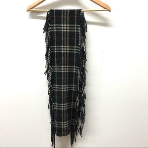 Burberry Vintage Lambswool Black Plaid Fringe Scarf